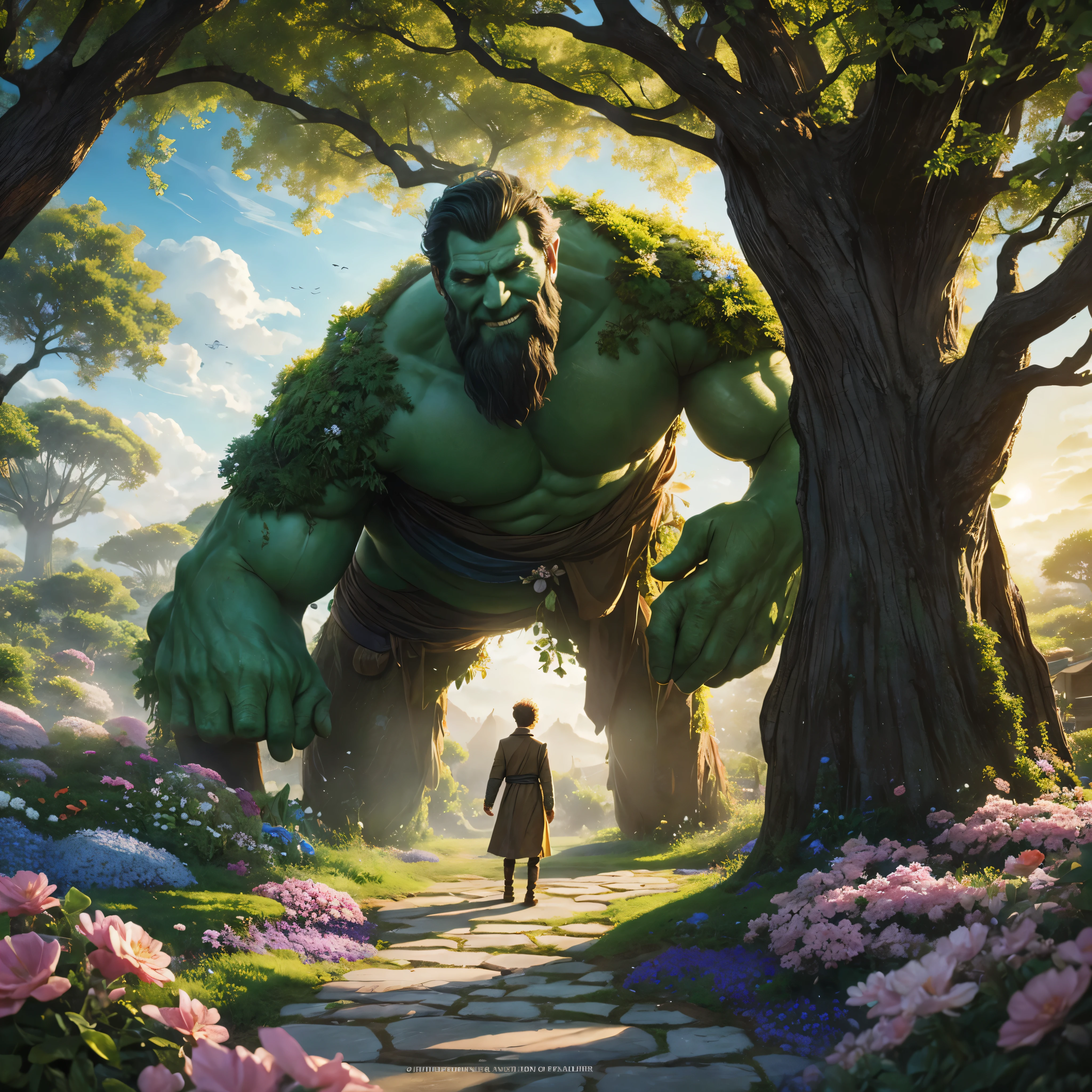 Title: "The Selfish Giant"
Prompt for Story Book Cover:
Set against a backdrop of lush gardens and colorful blooms, depict the main scene from "The Selfish Giant," where the redeemed giant experiences a transformative moment.
Description:
1. The Giant's Garden: Illustrate a magnificent, enclosed garden filled with vibrant flowers, towering trees, and charming creatures. Let the garden exude a sense of beauty and enchantment, inviting the reader to explore its wonders.
2. The Selfish Giant: Portray the giant as a towering figure, initially depicted with a stony expression, hunched shoulders, and a gloomy atmosphere surrounding him. This symbolizes his selfishness and isolation.
3. The Transformation: At the center of the cover, illustrate a heartwarming scene where the giant has a change of heart. Show him standing amidst the blossoming garden, the sun shining brightly as the once barren area flourishes with life. Add emphasis to this joyous moment by including smiling children playing and animals gathering around the giant.
4. Emanating Warmth and Kindness: Use warm and vibrant colors for the sunset sky, glowing sunlight filtering through branches, and the colorful flowers in bloom. Make the scene radiate with a sense of positivity and hope.
5. Book Title: Place the title, "The Selfish Giant," in elegant, stylized letters at the top or bottom of the image, ensuring it stands out clearly and complements the overall design.
Remember to capture the essence of transformation, compassion, and the beauty of nature in this captivating storybook cover for "The Selfish Giant."