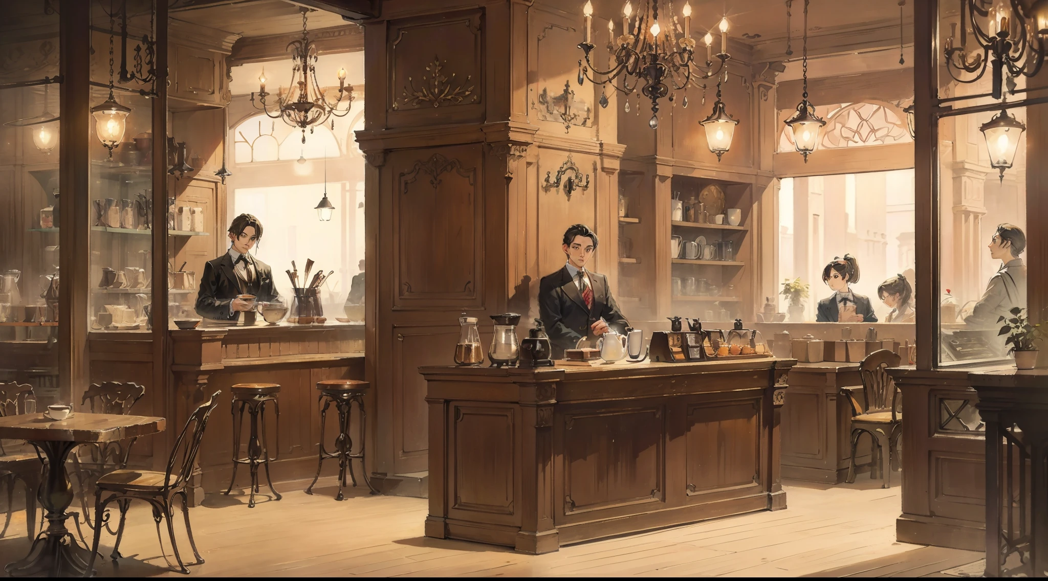 masterpiece, highest quality, very delicate and beautiful, Super fine, Haile, very elaborate, figure, realistic, coffee shop, retro,antique