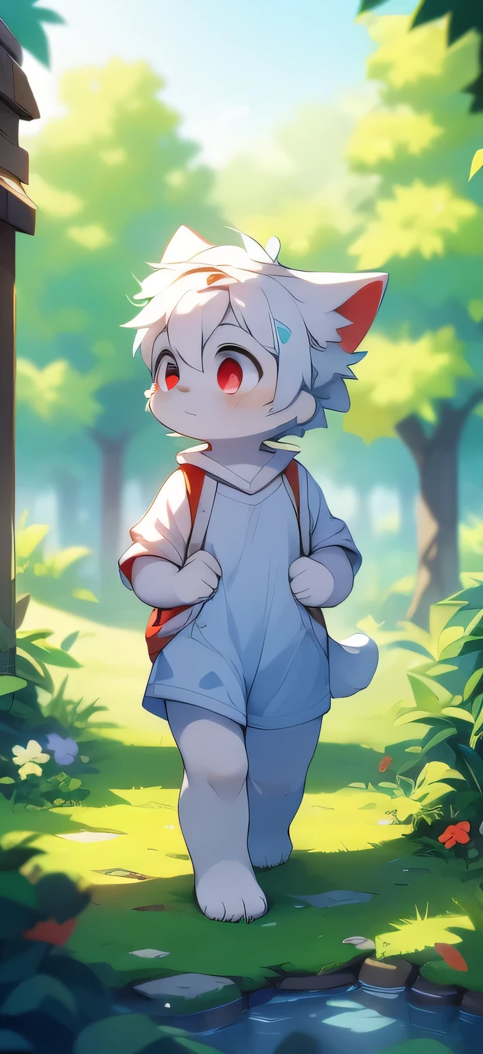 Master masterpieces, high resolution, 8k, Detailed background, high quality,Little Shota with white hair and bare feet is walking in the garden，(light blue fun fur， red eyes， white hair），charming