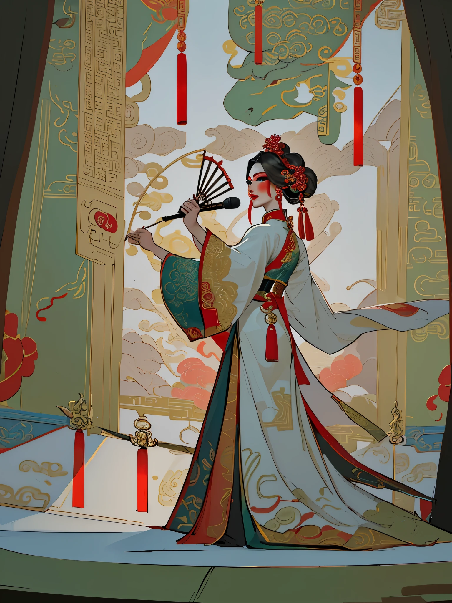 (best quality, masterpiece:1.2), highres, illustration, a woman singing opera on the stage, vibrant red colors, Beijing opera style, detailed facial makeup, exquisite costume, grandeur, traditional Chinese aesthetics, closed lips, facial makeup