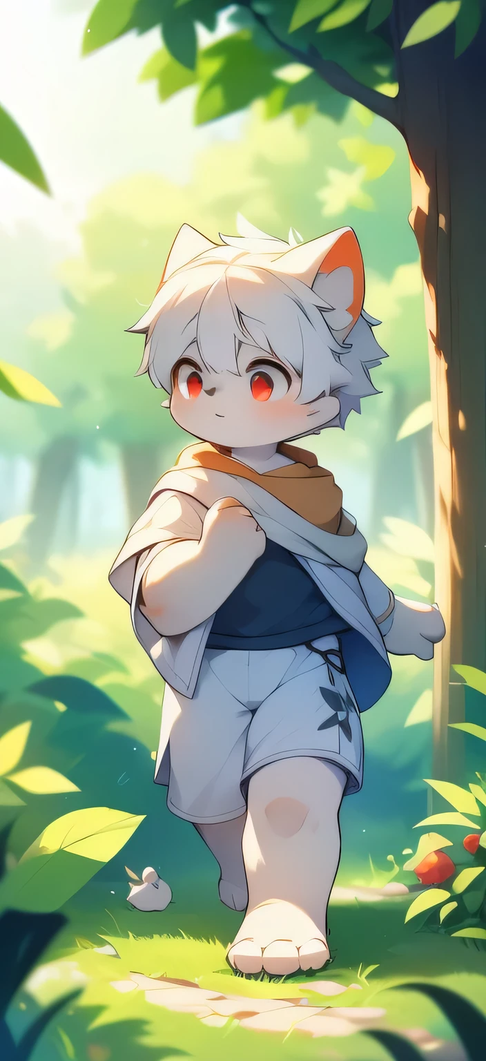 Master masterpieces, high resolution, 8k, Detailed background, high quality,Little Shota with white hair and bare feet is walking in the garden，(light blue fun fur， red eyes， white hair），charming