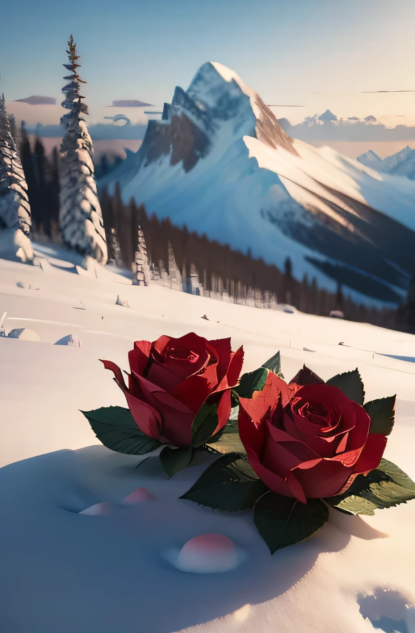 two flower blossom fallen roses in a snowy mountain，artistic conception，Ultra-clear image quality