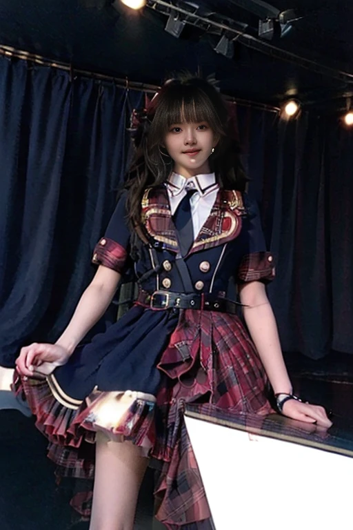 ((Best Quality, 8k, Masterpiece:1.3)), Focus:1.2,cinematic lighting,depth of field,Japanese,22yo, (Slender Body:1.2),(large chests:1.1), Buttocks:1.2, ((Brown Hair)), Highly detailed face and skin texture, Fine eyes, Double eyelids,,Smile,(on stage: 1.3),idol_costume,spotlights,audience,