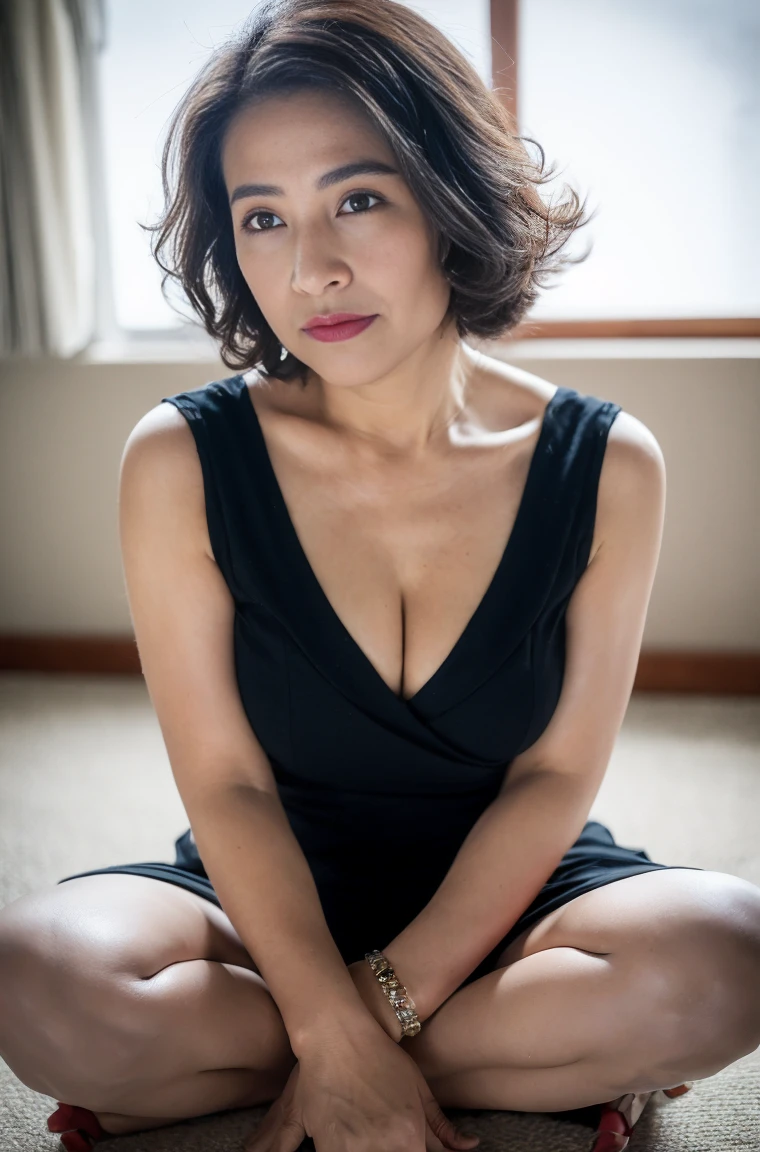 ((best quality, 8k, masterpiece, portrait: 1.3)), (looking at the audience),lifelike, sharp focus, alone, Japan, beauty, cleavage view clothes, 30 years old, curls, Wrinkles at the corners of the eyes, ((spread legs:1.5, Sit with one knee up:1.5, Show crotch)), (loose waist:0.5), Dark unmanned room,