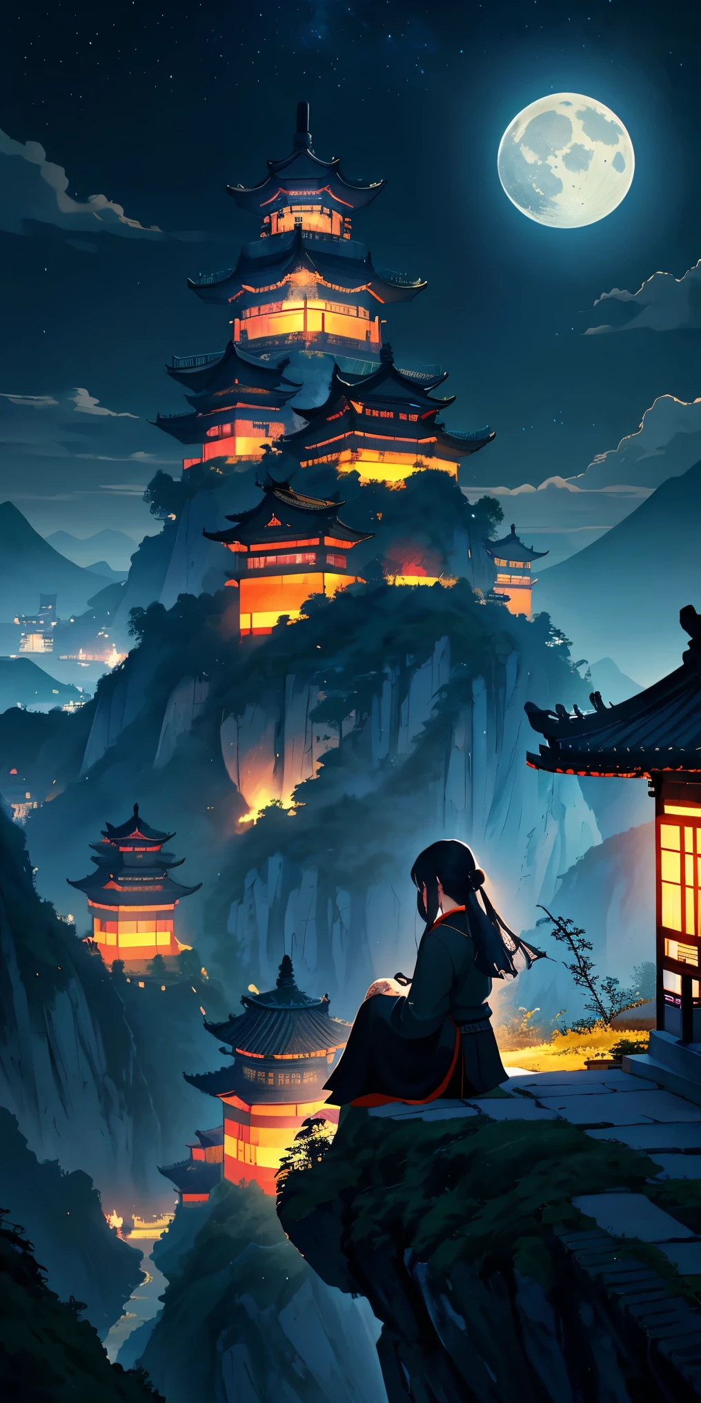 Sky, Star (Sky), landscape, Starry Sky, night, 1 girl, night Sky, alone, outdoor, cloud, moon, sitting, long hair, CG Society Competition Winner, fantasy art, 中国landscape, Chinese fantasy, Chinese ink style, Needle ancient city landscape, 令人印象深刻的奇幻landscape, 最史诗般的landscape, 头像landscape, Chinese village by the lake
