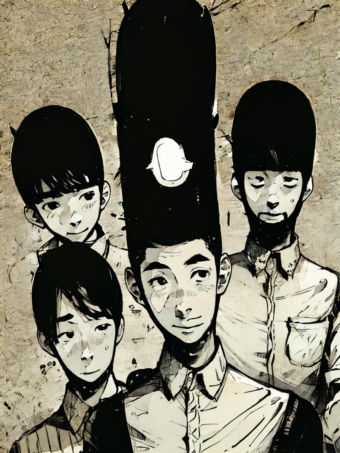 photo of four boys, aged 13, middle school, one boy second from the left in the form of a smiling caricature eraser.