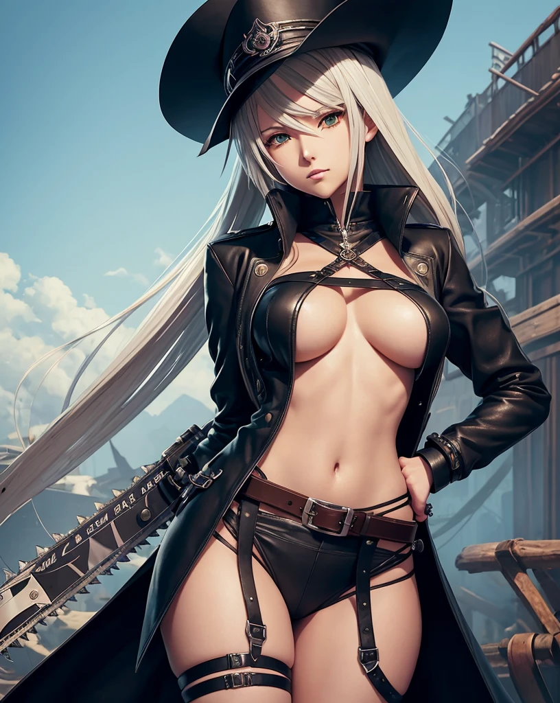 high resolution, solo, uncultivated々one beautiful woman, (A rope-shaped whip on the right hand, chainsaw in left hand), Wearing a black hat, (Black wings on the back), Black leather clothing, Concept art inspired by Leiko Ikemura, pixiv, Neo Dada, mechanical valkyrie girl, valkyrie style character, Dieselpunk Women, guilty gear art style, Kushart Krenz Key Art Feminine, character artwork, mechanical witch, Katana Zero video game character