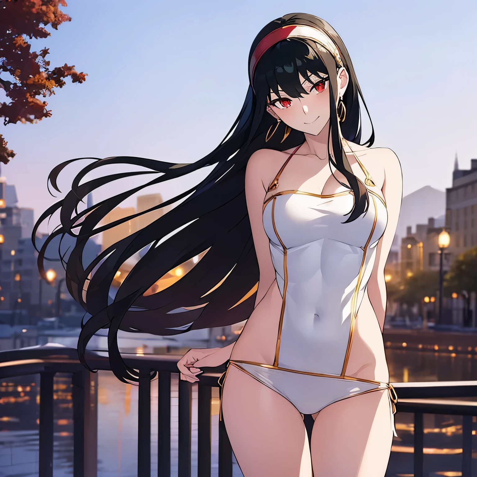 yorbriar, yor heather, black hair, (red eyes: 1.5), earrings, gold headband, headband, long hair, side locks, (medium breasts: 1.2), smile, Best quality, high resolution, ultra detailed,. Feel, bikini, 1 girl, I listen to isuzu, swimsuit, breasts, bikini, long hair, Solo, large breasts, cleavage, red bikini, Naveng, antenna hair, O-ring bottom, arms crossed, blushing, ass visible through thighs, Dutch angle, looking at viewer, chest grab, top ponytaing, day, hair bow, bow, thigh gap, bikini o-ring, outdoors, groin, RESTING indoors,
REST facing viewer, (cowboy shot: 1.5),
BREAK (masterpiece:1.2), best quality, high resolution, unity 8k wallpaper, (artwork:0.8), (beautiful detailed eyes:1.6), extremely detailed face, perfect lighting , extremely detailed CG, (perfect hands, perfect anatomy),