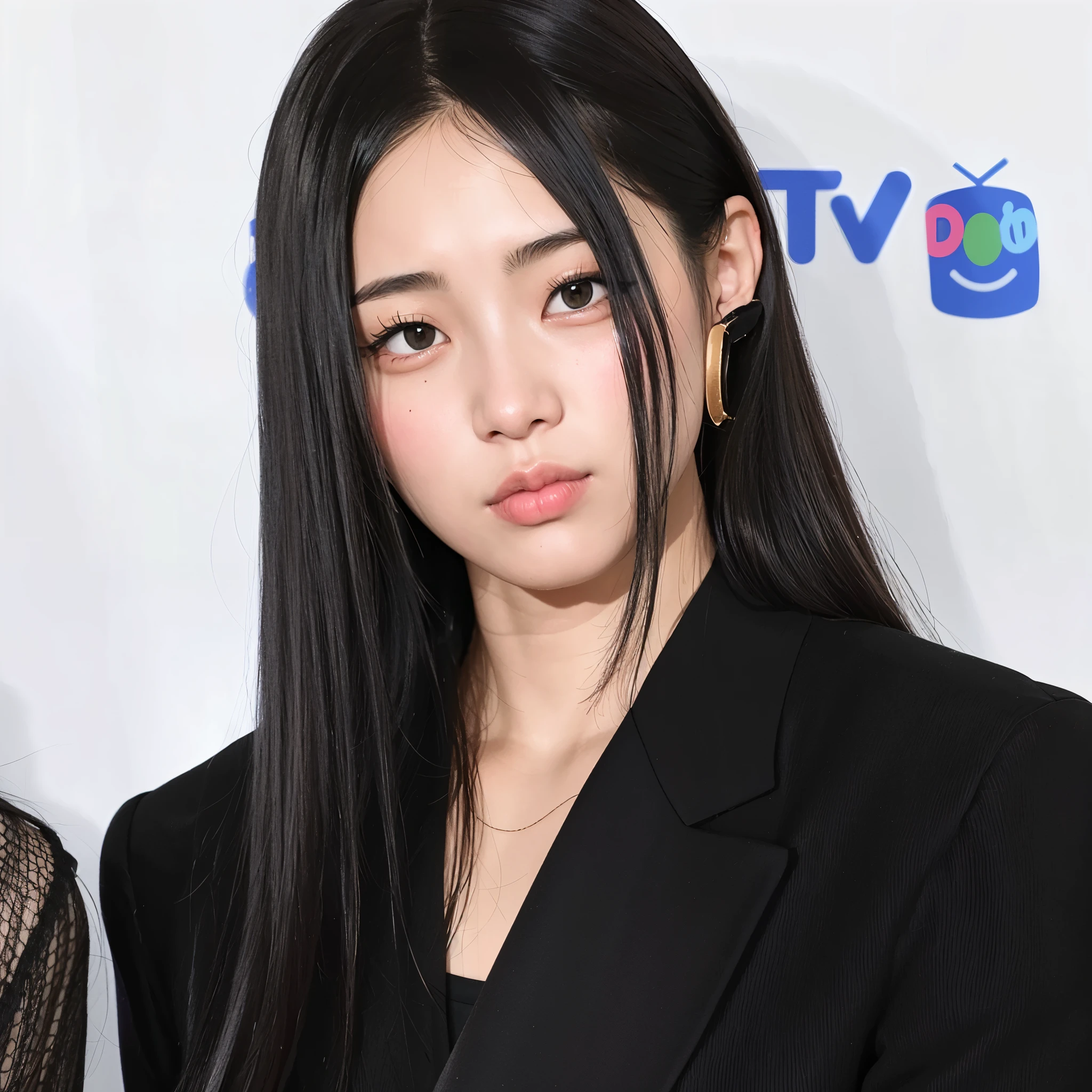 Araffe Asian woman with long black hair and a black blazer, minji do newjeans, portrait of minji do newjeans, minji do newjeans, minji newjeans, retrato de minji, minji kim, minji, minji kim, kim minji do newjeans, minji com cabelo preto