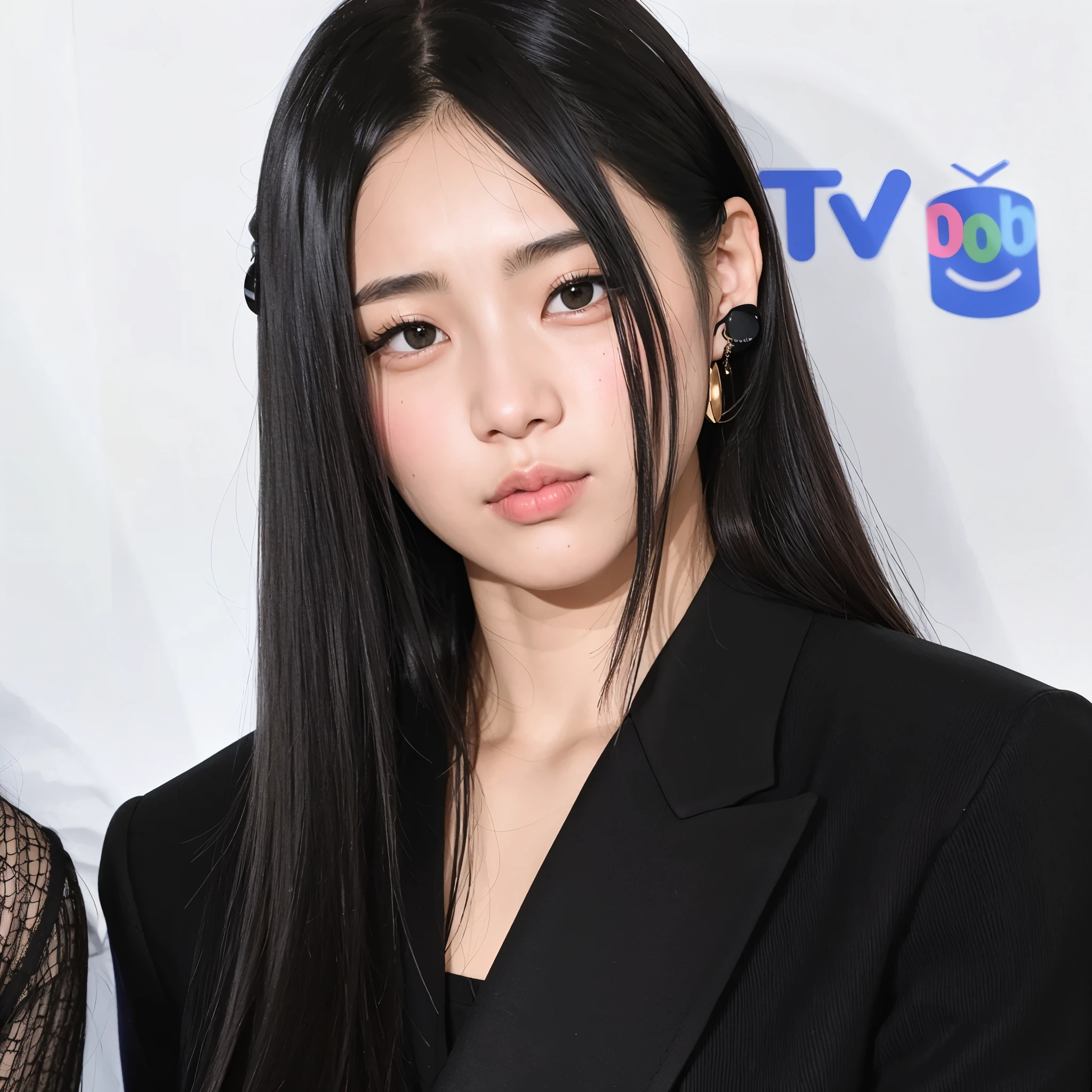 Araffe Asian woman with long black hair and a black blazer, minji do newjeans, portrait of minji do newjeans, minji do newjeans, minji newjeans, retrato de minji, minji kim, minji, minji kim, kim minji do newjeans, minji com cabelo preto