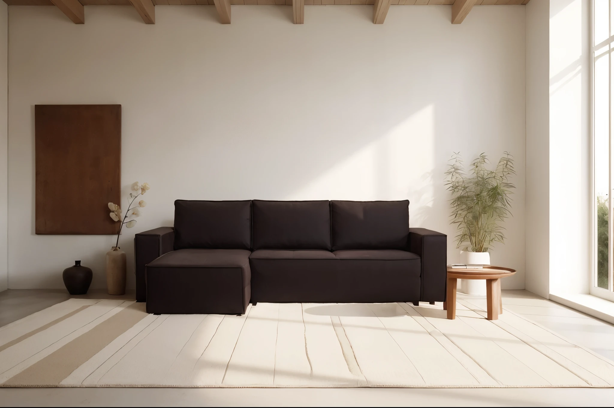 Dark brown sofa in the room, realistic shadows, hyper detailed, high quality