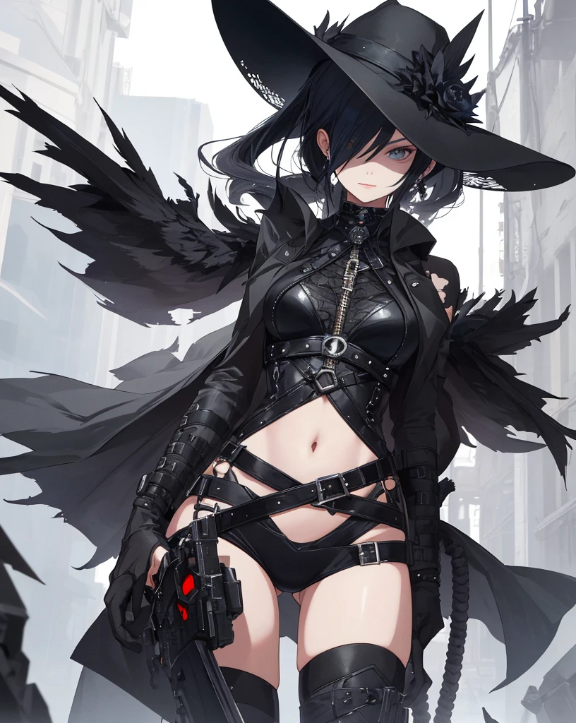In the realm of high-resolution, solo presents an uncultivated beauty unlike any other - a woman with an aura of mystery and power. Her radiant countenance conceals a darker side, as evidenced by the rope-shaped whip coiled in her right hand and the chainsaw clutched tightly in her left. With a menacing yet enchanting gaze, she dons a black hat veiling half her face, and the enigmatic black wings sprouting from her back amplify her enigma. Dressed in black leather clothing, her outfit aligns with the concept art reminiscent of Leiko Ikemura, pixiv, Neo Dada, and the