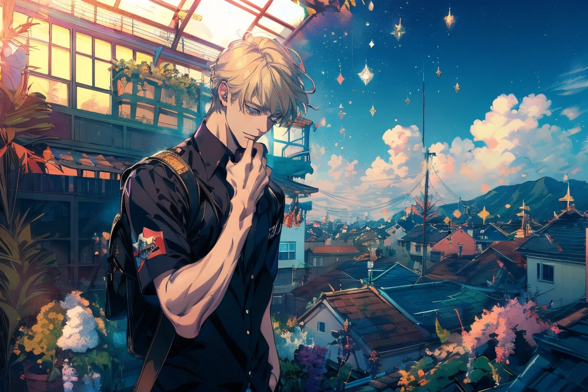 (Masterpiece:1.2, high quality), (pixiv:1.4), 1 man with short blond hair, tall handsome man, fansty world