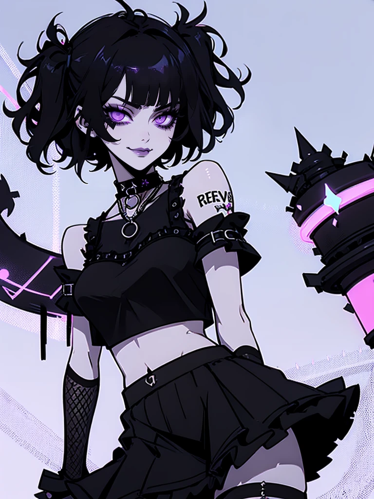 Jk. 1girl. Neon palette, short black hair, side swept bangs, dark purple eyes, black ruffled crop-top dress, shoulders exposed, black tennis skirt, black fishnets, black knee-high boots, black choker on neck. Tattoo's on arms.