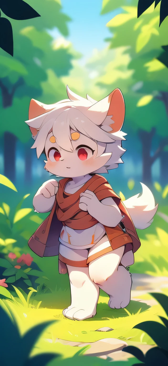 Master masterpieces, high resolution, 8k, Detailed background, high quality, Shota with white hair and bare feet is walking in the garden，(light blue fun fur， red eyes， white hair），charming