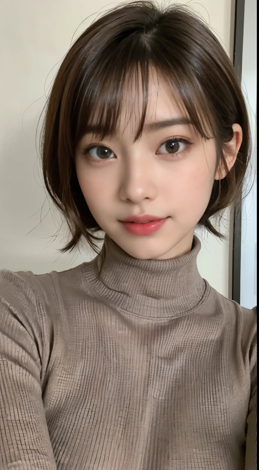 (masterpiece:1.3), (8K, Photoreal, Raw photo, best image quality: 1.4), Japanese high school girl、(random hairstyle:1.2)、super detail face、eye for details、double eyelid、chest to chest、sharp focus:1.2、Beautiful woman:1.4、light brown hair、highest quality、masterpiece、Super high resolution、(Photoreal:1.4)、Highly detailed and professionally lit smiles、light brown turtleneck、thin、gentle smile、short haired、deadly position、Face centered、