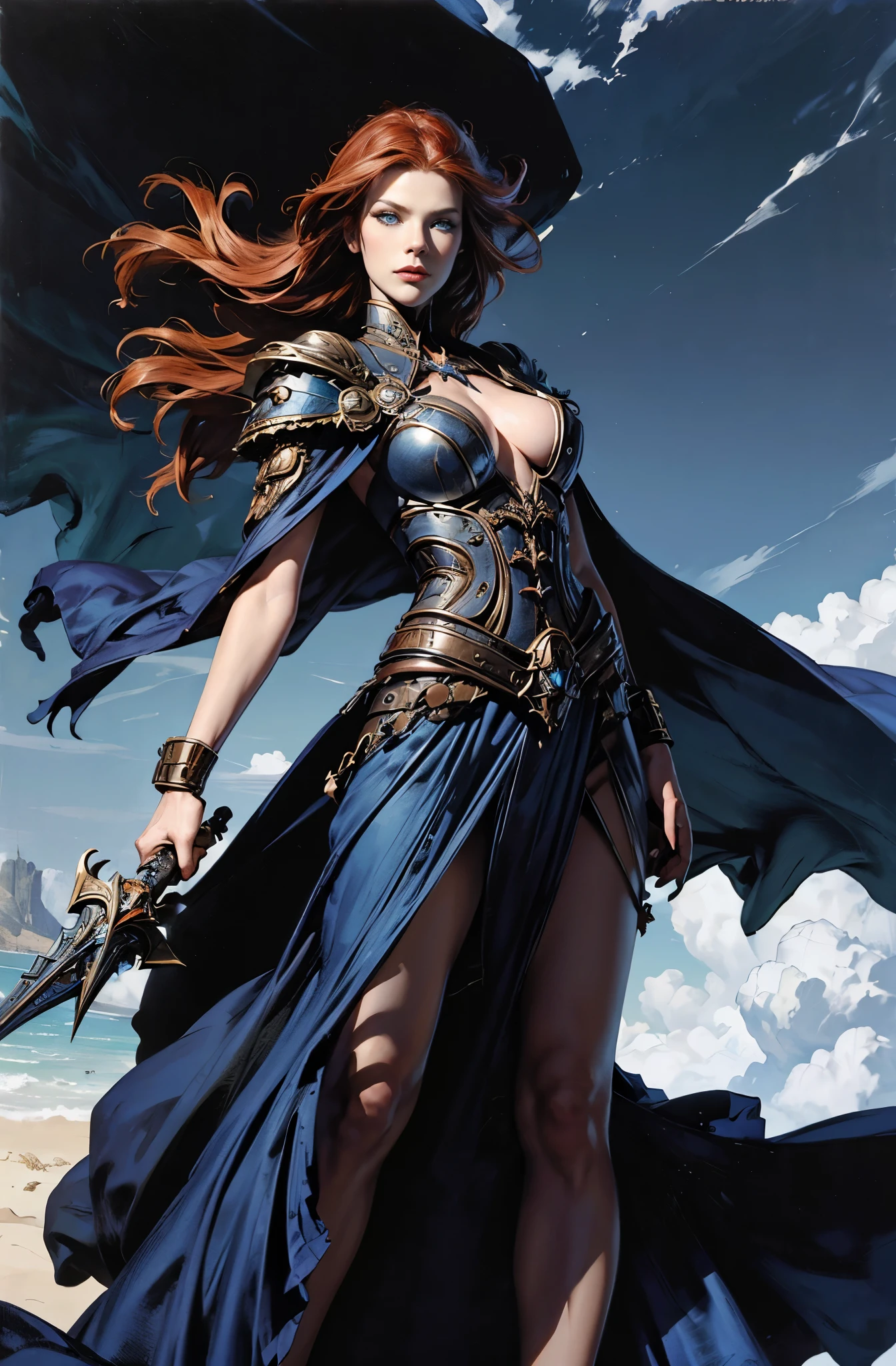 Battlefield commander with a great sword, A woman in her late 20s who boasts unparalleled beauty., red hair, Invincible female general, Brave, Awe-inspiring Hall々, The wind is thunderous, Be brave and bold, beautiful goddess of war, extremely detailed and beautiful eyes, blue eyes without pupils, Ride of Valkyrie, unparalleled beauty, perfect supermodel body, delicate, whole body slender, Tall and lean, Slender, quite beautiful face, Cloak wrapped in the wind, Battle Master, wallop style, Style Ivan Talavera and Artgerm, wallop and art germ, art germ style, inspired by Vincent Lefevre, Gwaites style artwork, artgerm and wlop, figurative art, Beautiful and expressive paintings, Beautiful artwork illustration, wonderful, cool beauty, highest quality, official art, perfect composition, perfect angle, best shot, female solo, sharp outline, nostalgia, romantic, blue eyes without pupils, color eye, mysterious, fantasy, Sense of presence, battlefield, combat readiness