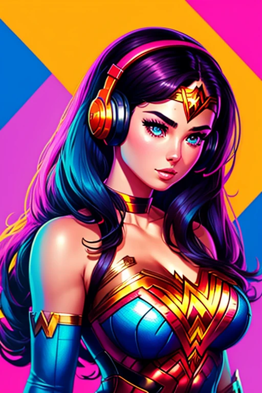 
Generate a digital illustration focusing on a close-up of a woman wearing headphones, segurando um telefone celular, inspired by JoWOnder&#39;s artistic styles, Artgerm, Atey Ghailan, Alena Aenami and with a reference to Wonder Woman from DC Comics. Embrace Artgerm&#39;s signature vibrant colorful style, creating a unique composition that captures the strength and elegance of the character.