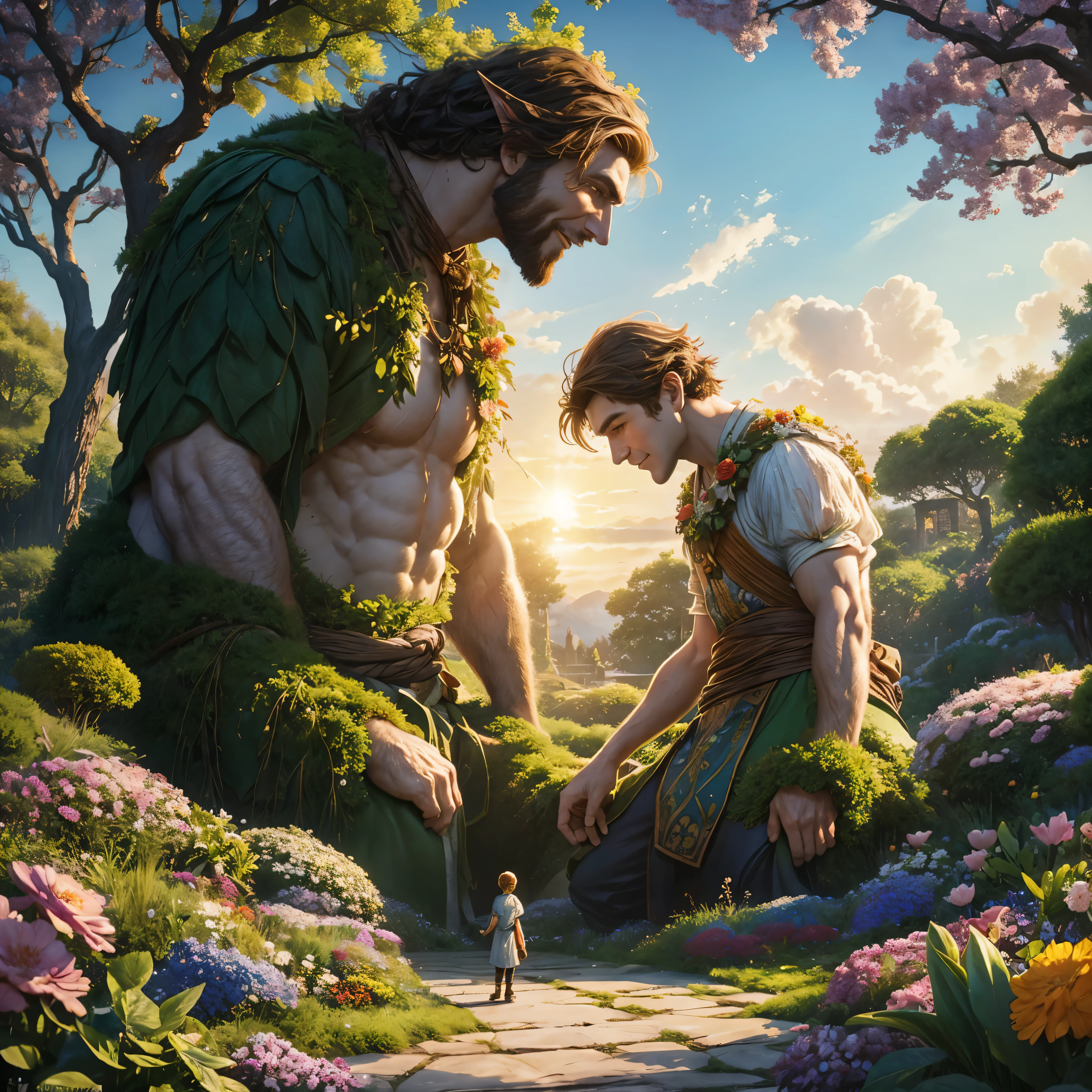 A very beautiful 12 year old boy, White skin , European traits, High Definition, naked torso, strong bare legs, sad look, standing next to a leafy tree, very light brown hair.