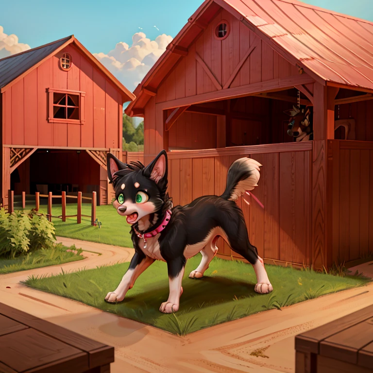 shocked feral dog with black fur wearing pink collar and Green eyes standing on all fours there are some traces of red magic floating around her she is outside in the background there is a house and a stable