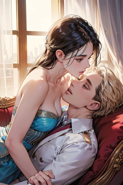 (Tabletop, digital art, digital illustration, 4K, 8K, highly detailed, beautiful photos, sharp images, realistic, RAW photos, perfect face, perfect lines, perfect eyes, soft lighting), Imperial Hotel, on a sofa, (man kissing a woman in formal dress), kiss, kiss, press your lips.