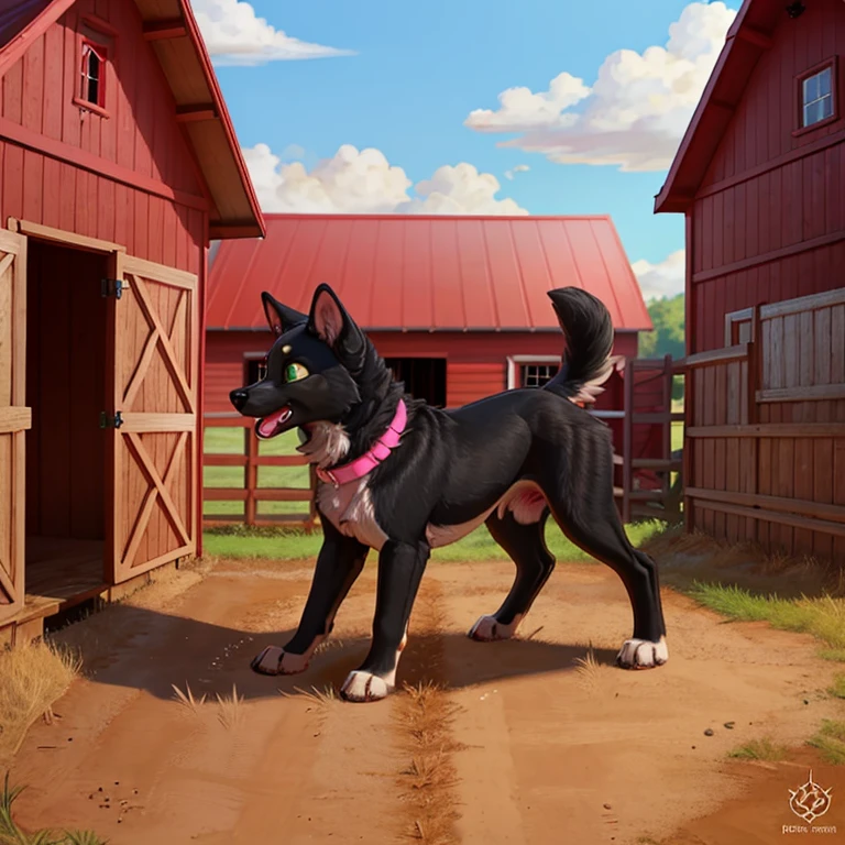 shocked feral dog with black fur wearing pink collar and Green eyes standing on all fours there are some traces of red magic floating around her she is outside in the background there is a house and a stable