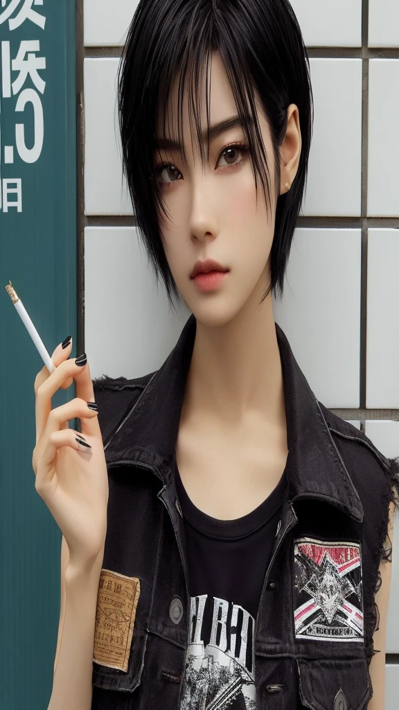 arafed asian woman with a cigarette and a black vest, Con pelo corto, chica cyberpunk de pelo ????? azabache, obra de arte al estilo de guweiz, attractive androgynous humanoid, estilo anime realista 3d, Estilo anime mezclado con Fujifilm, cyberpunk 2 0 years. Oh chica modelo, anime hiperrealista, chica anime en la vida real, estilo de realismo anime, Jihyo, kpop, japonesa, park Jihyo, Japan.