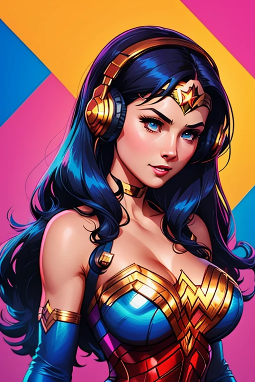 Generate a digital illustration focusing on a close-up of a woman wearing headphones, segurando um telefone celular, inspired by JoWOnder's artistic styles, Artgerm, Atey Ghailan, Alena Aenami and with a reference to Wonder Woman from DC Comics. Embrace Artgerm's signature vibrant colorful style, creating a unique composition that captures the strength and elegance of the character.