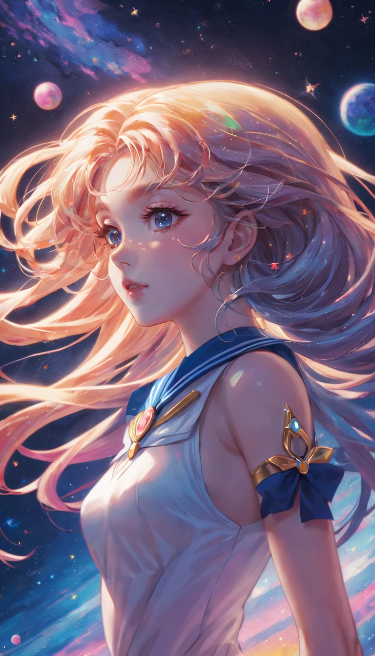 (best quality,4k,highres,masterpiece:1.2),ultra-detailed,realistic:1.37,anime,anime girl with long hair in a starry sky,anime girl with universe hair,just bartel,sailor moon,beautiful,hair inspired by Naoko Takeuchi,anime art nouveau style cosmic display,by artists:sailor moon, Makoto Shinkai, Cyril Rolando,her hair is the Milky Way,sailor moon aesthetics,by Harumi Hiroaka,see through,erect nipples