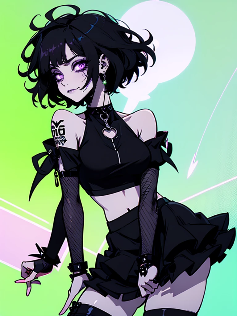 Jk. 1girl. Neon palette, short black hair, side swept bangs, asymmetrical hair, black ruffled crop-top dress, shoulders exposed, black tennis skirt, black fishnets, black knee-high boots, black choker on neck. Tattoo's on arms.