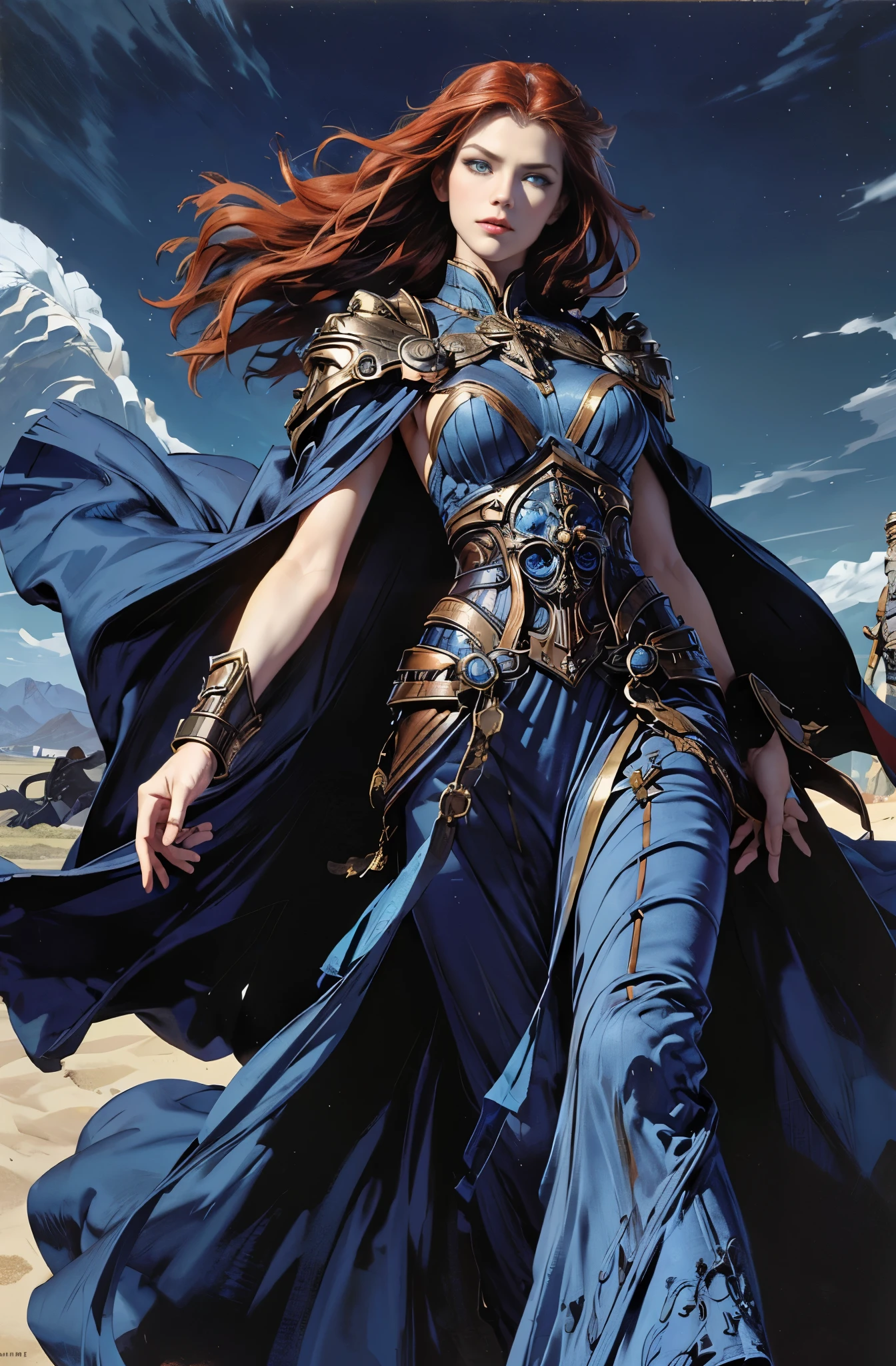 Battlefield commander with a great sword, A woman in her late 20s who boasts unparalleled beauty., red hair, Invincible female general, Brave, Awe-inspiring Hall々, The wind is thunderous, Be brave and bold, beautiful goddess of war, extremely detailed and beautiful eyes, blue eyes without pupils, Ride of Valkyrie, unparalleled beauty, perfect supermodel body, delicate, whole body slender, Tall and lean, Slender, quite beautiful face, Cloak wrapped in the wind, Battle Master, wallop style, Style Ivan Talavera and Artgerm, wallop and art germ, art germ style, inspired by Vincent Lefevre, Gwaites style artwork, artgerm and wlop, figurative art, Beautiful and expressive paintings, Beautiful artwork illustration, wonderful, cool beauty, highest quality, official art, perfect composition, perfect angle, best shot, female solo, sharp outline, nostalgia, romantic, blue eyes without pupils, color eye, mysterious, fantasy, Sense of presence, battlefield, combat readiness
