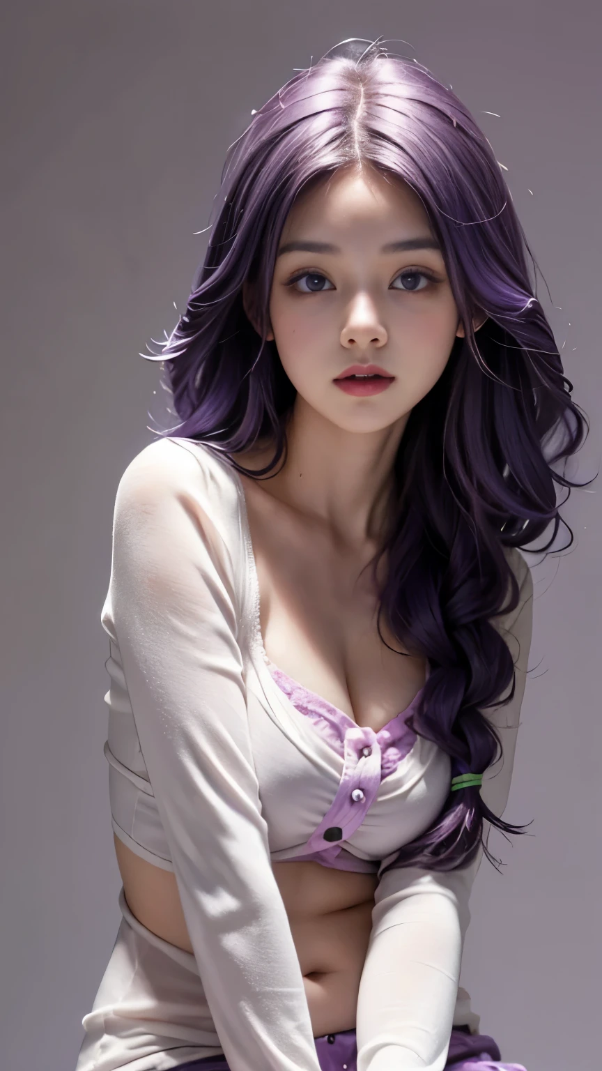 cute little girl、6 year old girl、6 year old girl的模样，cute little girl，Purple hair big breasts、Purple hair big breasts、Purple hair big breasts、Purple hair、thick braid，purple eyes，No makeup，naive，Anatomically correct fingers、、Please look straight ahead and sing、(Turn your face forward:1.2)、Childrenswear outfit、Cartoon clothing，solid color background