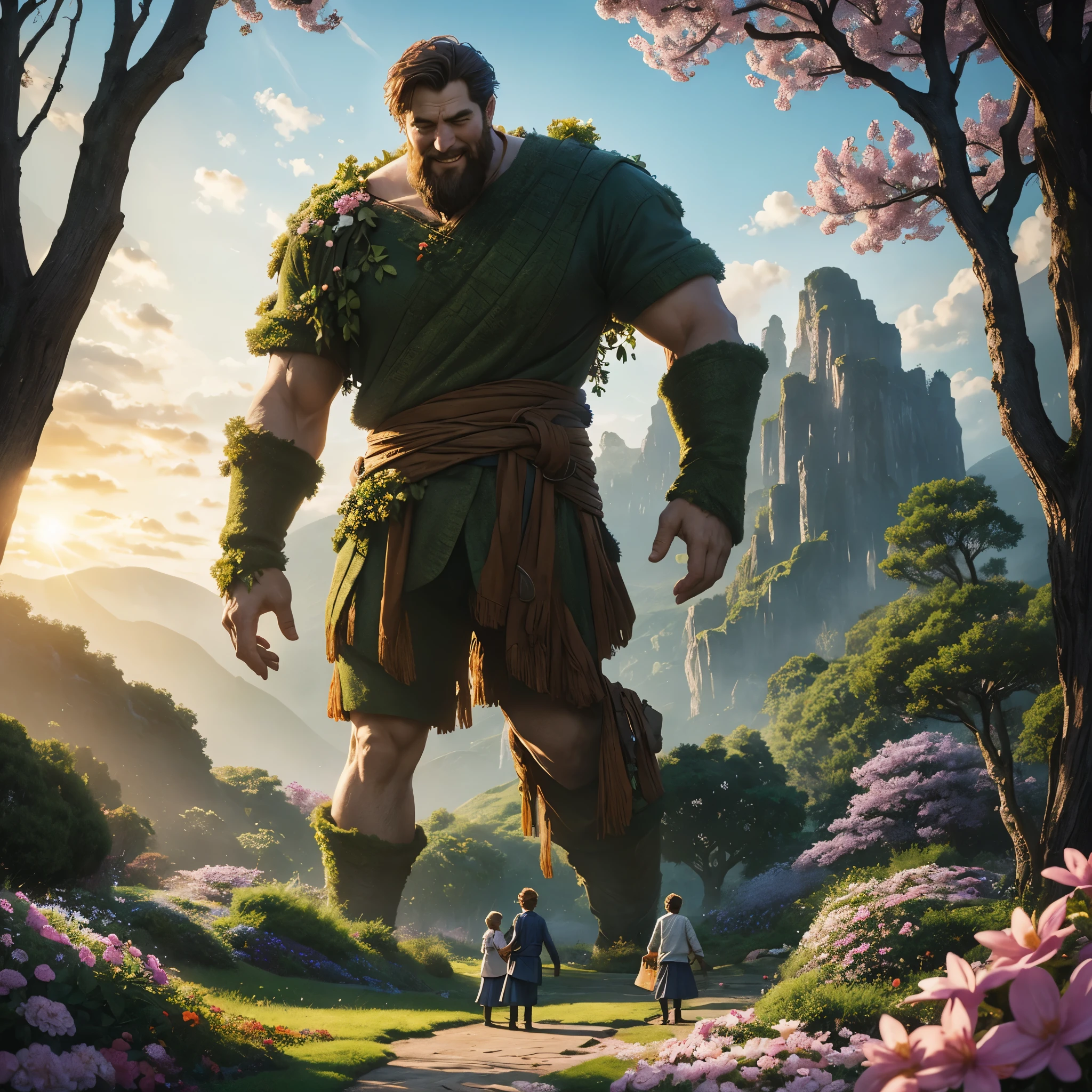 Title: "The Selfish Giant"

Prompt for Story Book Cover:
Set against a backdrop of lush gardens and colorful blooms, depict the main scene from "The Selfish Giant," where the redeemed giant experiences a transformative moment.

Description:
1. The Giant's Garden: Illustrate a magnificent, enclosed garden filled with vibrant flowers, towering trees, and charming creatures. Let the garden exude a sense of beauty and enchantment, inviting the reader to explore its wonders.

2. The Selfish Giant: Portray the giant as a towering figure, initially depicted with a stony expression, hunched shoulders, and a gloomy atmosphere surrounding him. This symbolizes his selfishness and isolation.

3. The Transformation: At the center of the cover, illustrate a heartwarming scene where the giant has a change of heart. Show him standing amidst the blossoming garden, the sun shining brightly as the once barren area flourishes with life. Add emphasis to this joyous moment by including smiling children playing and animals gathering around the giant.

4. Emanating Warmth and Kindness: Use warm and vibrant colors for the sunset sky, glowing sunlight filtering through branches, and the colorful flowers in bloom. Make the scene radiate with a sense of positivity and hope.

5. Book Title: Place the title, "The Selfish Giant," in elegant, stylized letters at the top or bottom of the image, ensuring it stands out clearly and complements the overall design.

Remember to capture the essence of transformation, compassion, and the beauty of nature in this captivating storybook cover for "The Selfish Giant."