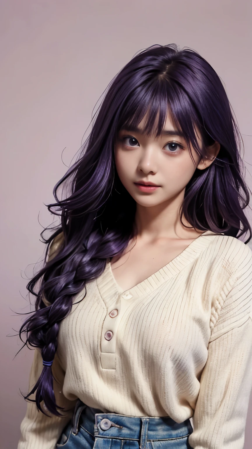 cute  girl、6 year o6 year old girl的little girl，kiddy big s，Purple hair big breasts、Purple hair big breasts、Purple hair big breasts、Purple hair、thick braid，purple eyes，No makeup，naive，Anatomically correct fingers、、Please look straight ahead and sing、(Turn your face forward:1.2)、Childrenswear outfit、Cartoon clothing，solid color background