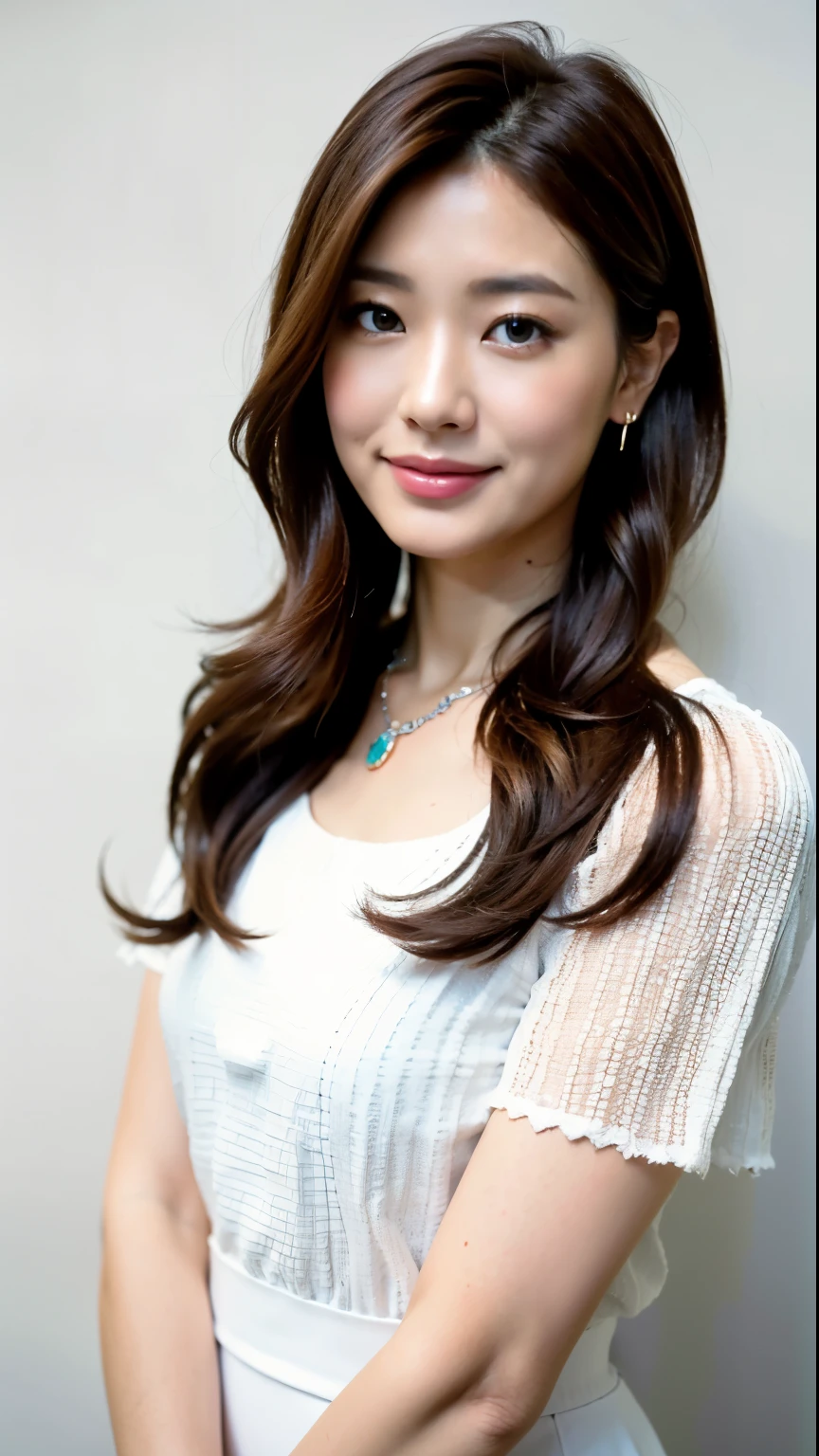 (highest quality、8K、32K、masterpiece、UHD:1.2)、Cute Half-Woman Photos、straight hair、bob hair、cum on chest、surface focus、white blouse、necklace、simple background、white wall、From above、looking at the viewer、Hair Models、smile、lure、bright hair color