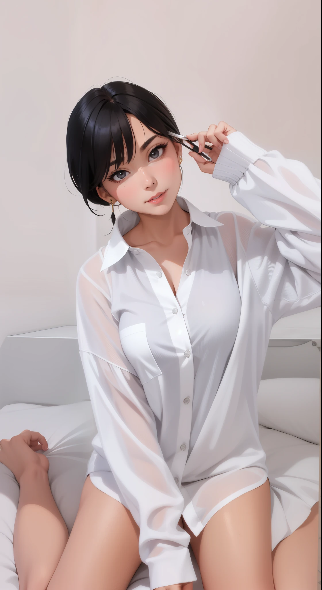 (highest quality:1.1), (masterpiece:1.2), high quality shadow, beautiful details, beautiful face, fine eyes, Depth of bounds written, High resolution, best shadow, best illumination, 1 girl, view viewer, （black hair:1.3)，brush-cut，extra belly short hair, dull bangs, long hair, black eye, shy, big breasts, mini skirt, blouse, blazer, pump, office lady, Glasses,cleavage，look into the camera，smile，closeup, super skirt