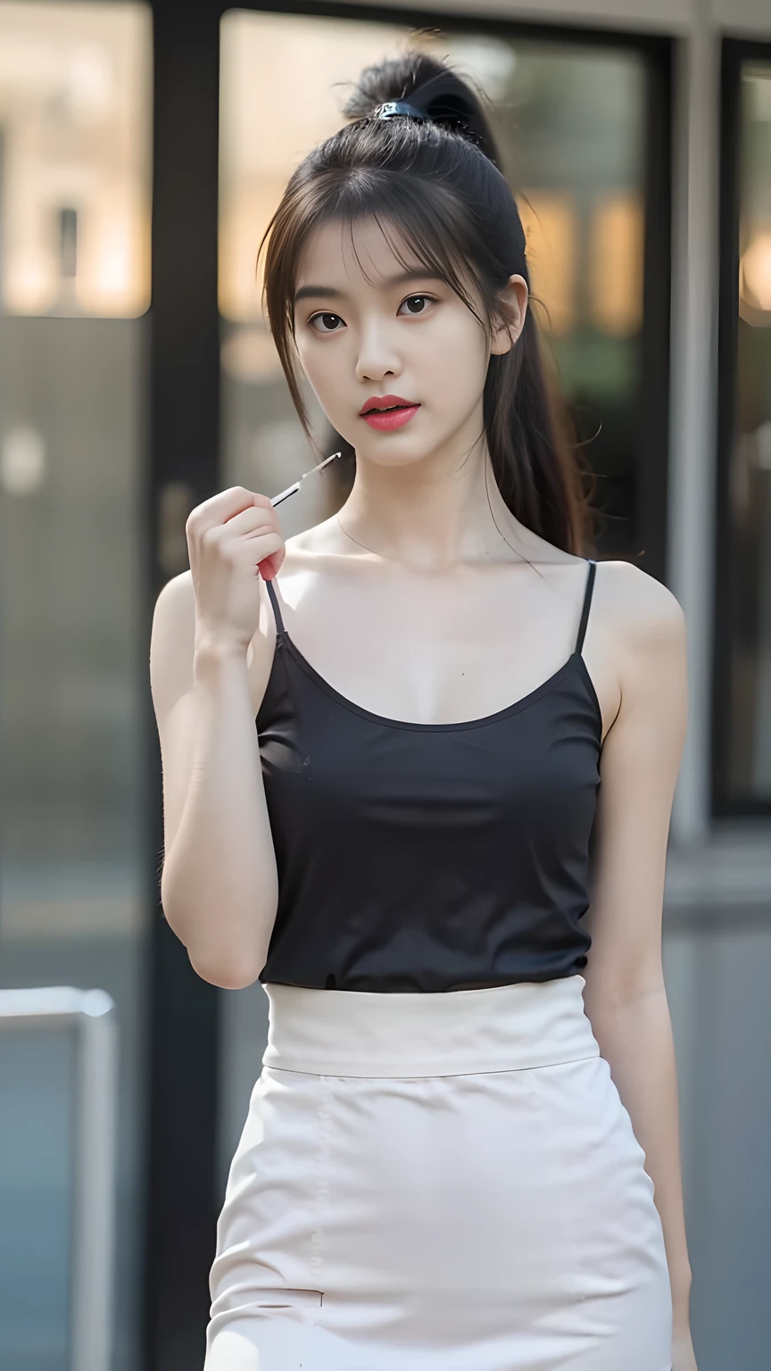 best quality, natural lighting, masterpiece, 1 girl, perfect beautiful face, (photo photo:1.3), edge lighting, photography lighting, (high detail skin:1.2), 8k ultra hd, DSLR, high quality, high resolution, white skin, detailed textured skin, 3/4 body in frame, sexy posing, poker face, perfect propotion face, symetric face, eye level shot, 4k, 8k, bokeh, absurd, best ratio four fingers and one thumb, (realistic:1.3), beautiful detailed girl, cute 1girl, dark-brown hair, ponytail, long hair, bangs, volume hairs, collosal-breast, full looking breast, projecting breast, slim waist, slender, small thighs, perfectly proportion, university background, detailed background, white spaghetti strap tank top, black pencil skirt, black pleated skirt