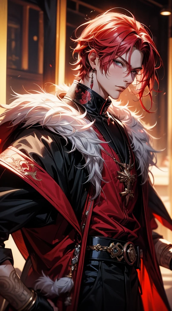 Man with pink and red hair and black clothes, handsome face, white eyes, highly detailed young anime, 4K walpaper manga, anime boy, detailed anime character art.