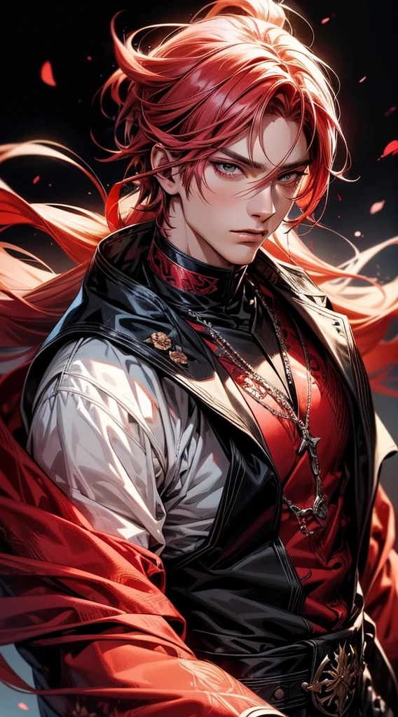 Man with pink and red hair and black clothes, handsome face, white eyes, highly detailed young anime, 4K walpaper manga, anime boy, detailed anime character art.
