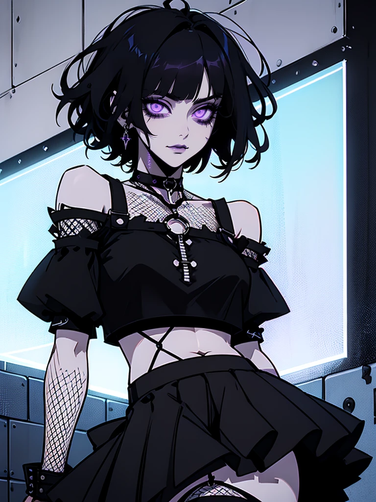 Jk. 1girl. Neon palette, short black hair, side swept bangs, asymmetrical hair, black ruffled crop-top dress, shoulders exposed, black tennis skirt, black fishnets, black knee-high boots, black choker on neck. Tattoo's on arms. Dark bedroom background.