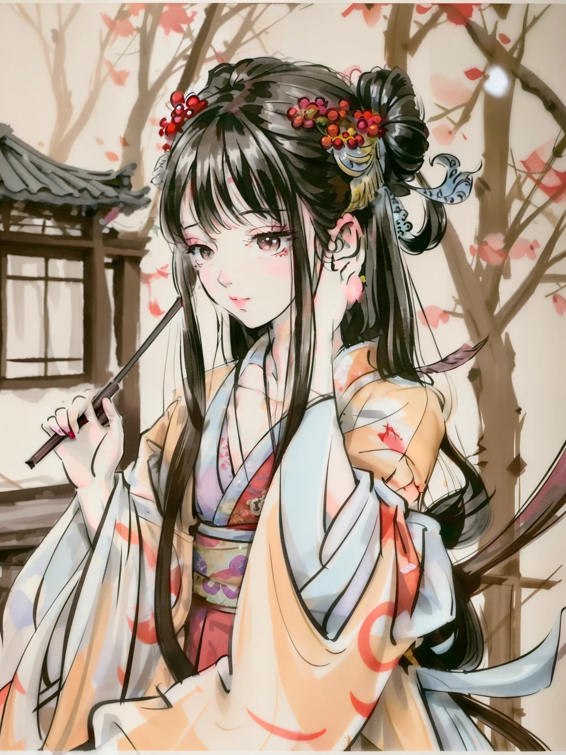 One wearing a kimono、woman holding fan and bird，melancholy，Sad，tears falling from eyes，Painting, palace ， A girl wearing Hanfu, Japanese art style, guweiz style artwork, beautiful figure painting, anime style 4k, anime art wallpaper 4k, anime art wallpaper 4k, guweiz, Chinese painting style, Japanese style, Beuatiful anime, Beuatiful anime girl