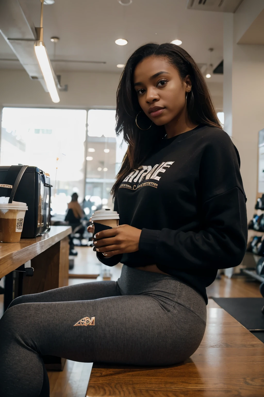 8k, highest quality, ultra details, African-American, young female, effortless American style, oversized sweater, leggings, boots, sitting at a coffee shop at the gym