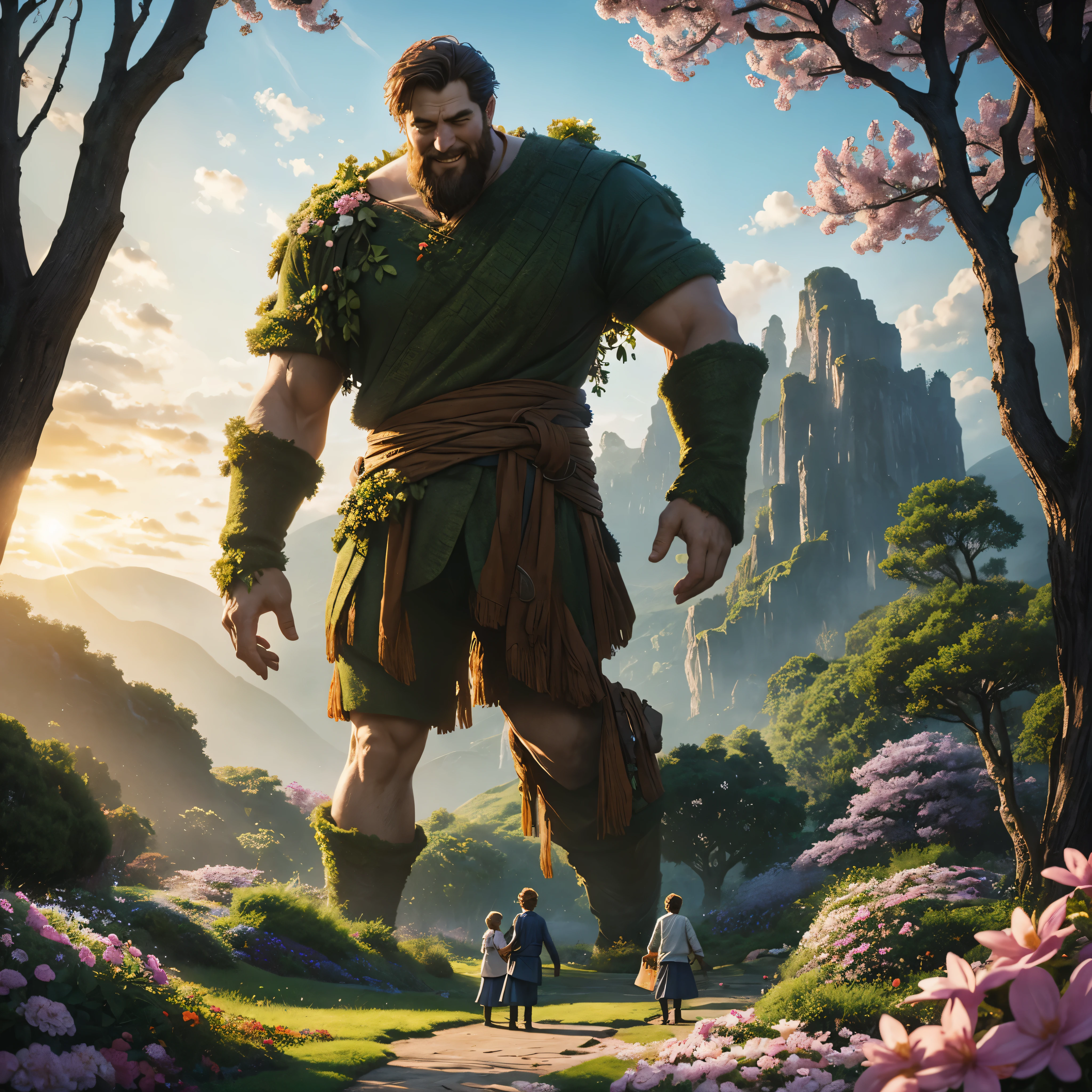 Title: "The Selfish Giant"
Prompt for Story Book Cover:
Set against a backdrop of lush gardens and colorful blooms, depict the main scene from "The Selfish Giant," where the redeemed giant experiences a transformative moment.
Description:
1. The Giant's Garden: Illustrate a magnificent, enclosed garden filled with vibrant flowers, towering trees, and charming creatures. Let the garden exude a sense of beauty and enchantment, inviting the reader to explore its wonders.
2. The Selfish Giant: Portray the giant as a towering figure, initially depicted with a stony expression, hunched shoulders, and a gloomy atmosphere surrounding him. This symbolizes his selfishness and isolation.
3. The Transformation: At the center of the cover, illustrate a heartwarming scene where the giant has a change of heart. Show him standing amidst the blossoming garden, the sun shining brightly as the once barren area flourishes with life. Add emphasis to this joyous moment by including smiling children playing and animals gathering around the giant.
4. Emanating Warmth and Kindness: Use warm and vibrant colors for the sunset sky, glowing sunlight filtering through branches, and the colorful flowers in bloom. Make the scene radiate with a sense of positivity and hope.
5. Book Title: Place the title, "The Selfish Giant," in elegant, stylized letters at the top or bottom of the image, ensuring it stands out clearly and complements the overall design.
Remember to capture the essence of transformation, compassion, and the beauty of nature in this captivating storybook cover for "The Selfish Giant."