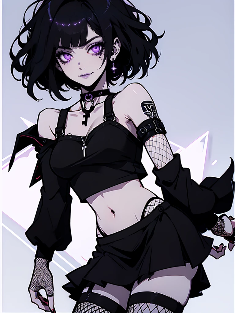Jk. 1girl. Neon palette, short black hair, side swept bangs, asymmetrical hair, black ruffled crop-top dress, shoulders exposed, black tennis skirt, black fishnets, black knee-high boots, black choker on neck. Tattoo's on arms. Dark bedroom background.