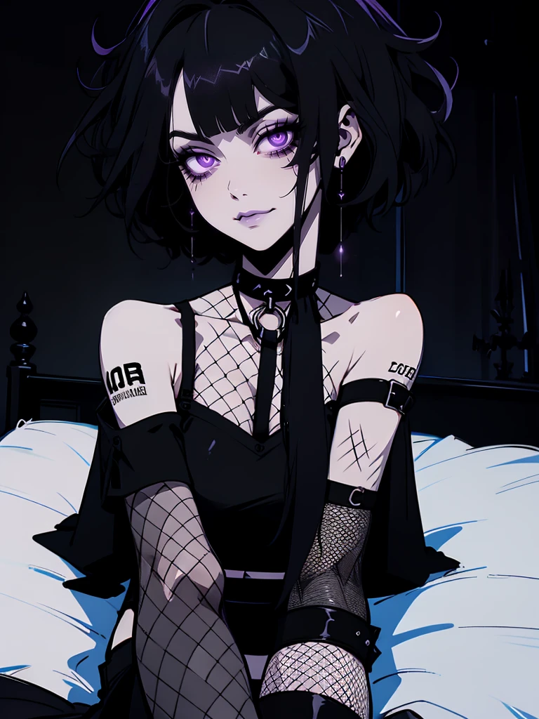 Jk. 1girl. Neon palette, short black hair, side swept bangs, asymmetrical hair, black ruffled crop-top dress, shoulders exposed, black tennis skirt, black fishnets, black knee-high boots, black choker on neck. Tattoo's on arms. Dark bedroom background.