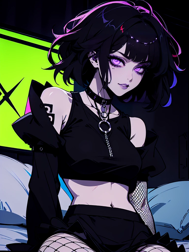 Jk. 1girl. Neon palette, short black hair, side swept bangs, asymmetrical hair, black ruffled crop-top dress, shoulders exposed, black tennis skirt, black fishnets, black knee-high boots, black choker on neck. Tattoo's on arms. Dark bedroom background.