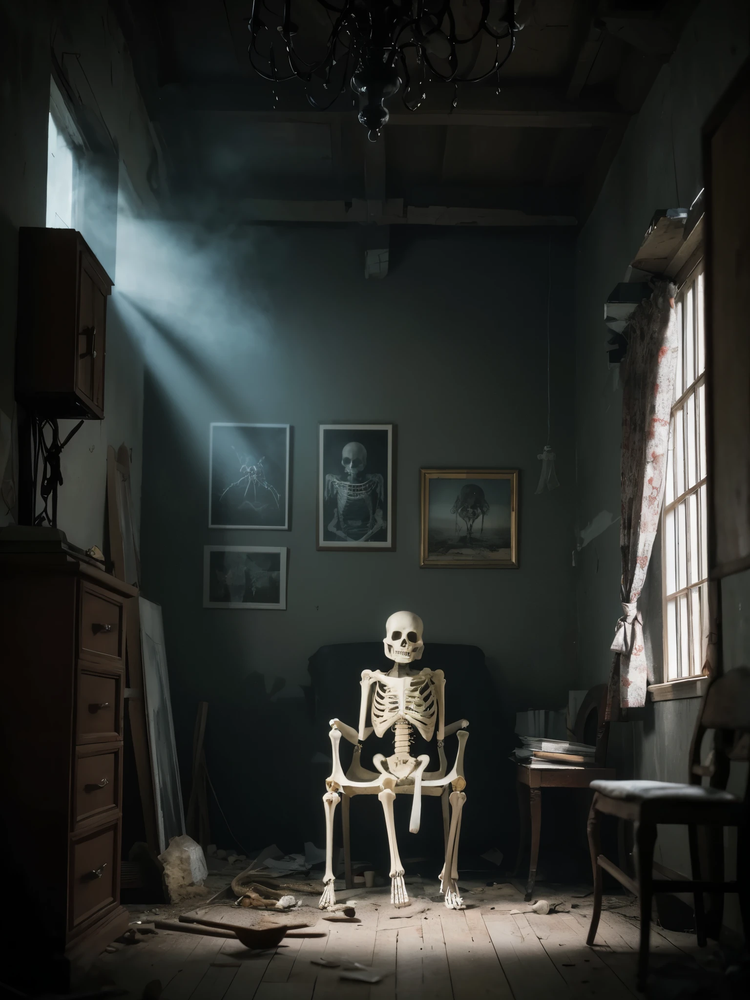 A skeleton sitting in a dusty chair, waiting patiently. The scene is captured in detailed photography, highlighting every bone and intricate detail. The room is dimly lit, with a spider web in the corner adding to the eerie atmosphere. The image quality is of the highest standard, with ultra-detailed rendering, vivid colors, and a sharp focus on the skeletal figure. The overall color tone is dark and haunting, emphasizing the mysterious ambiance of the scene.