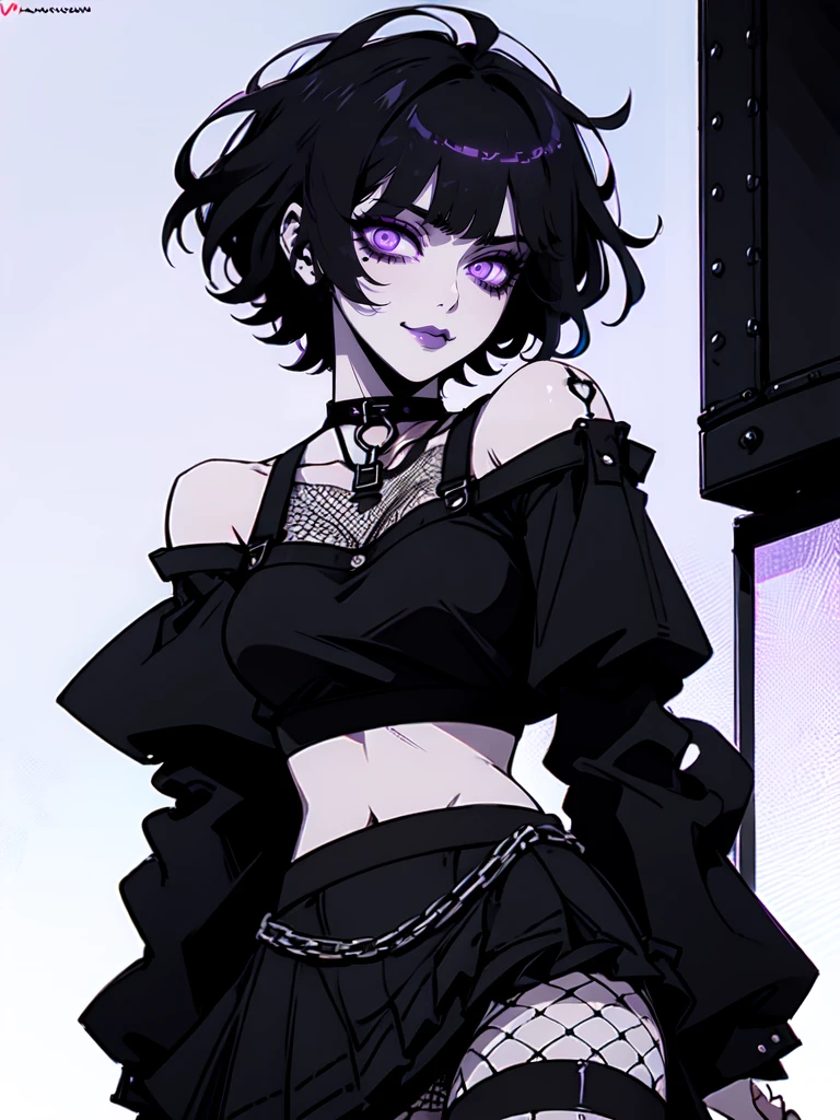 Jk. 1girl. Neon palette, short black hair, side swept bangs, asymmetrical hair, black ruffled crop-top dress, shoulders exposed, black tennis skirt, black fishnets, black knee-high boots, black choker on neck. Tattoo's on arms. Dark bedroom background.