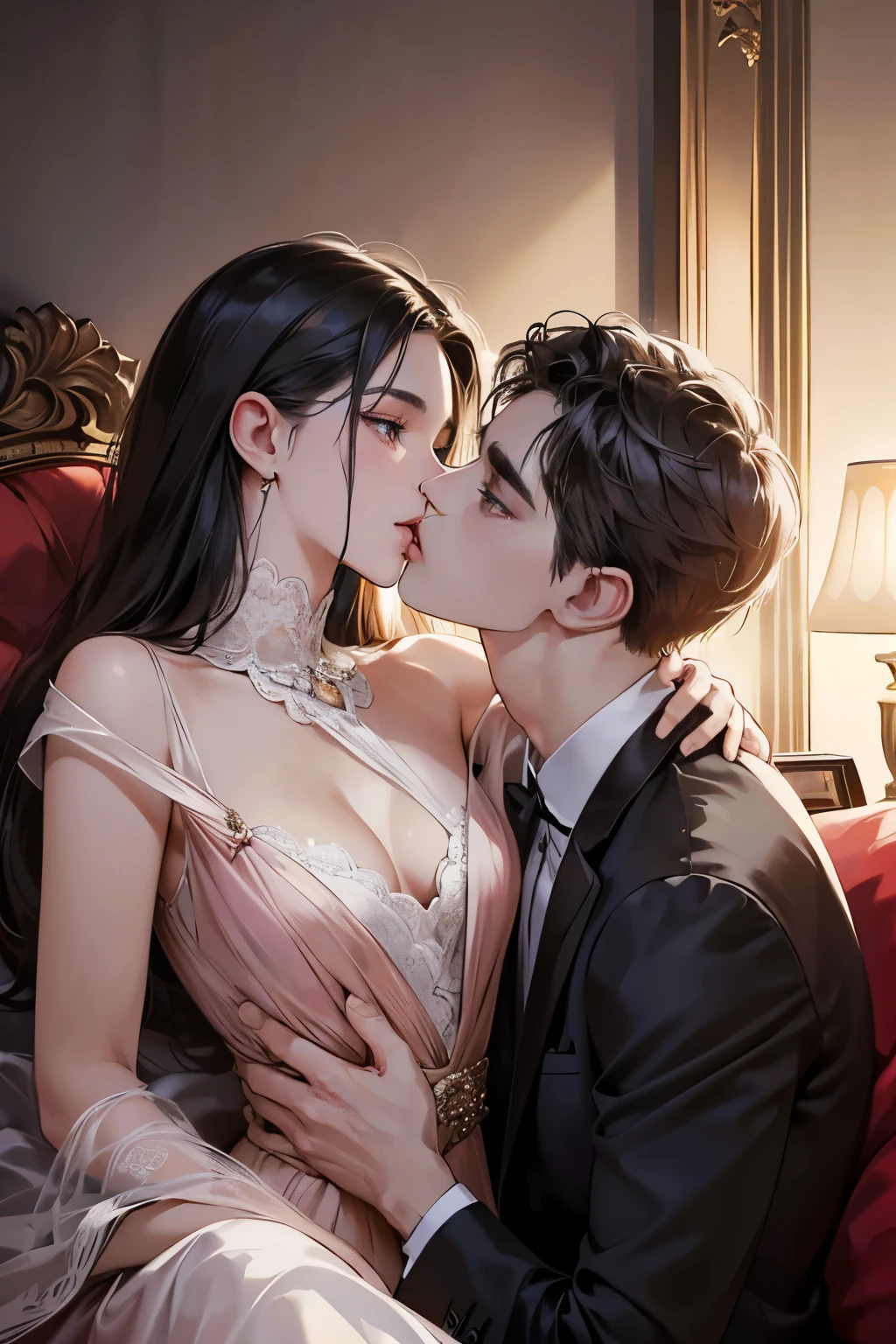 (Tabletop, digital art, digital illustration, 4K, 8K, highly detailed, beautiful photos, sharp images, realistic, RAW photos, perfect face, perfect lines, perfect eyes, soft lighting), Imperial Hotel, on a sofa, (man kissing a woman in formal dress), kiss, kiss, press your lips.