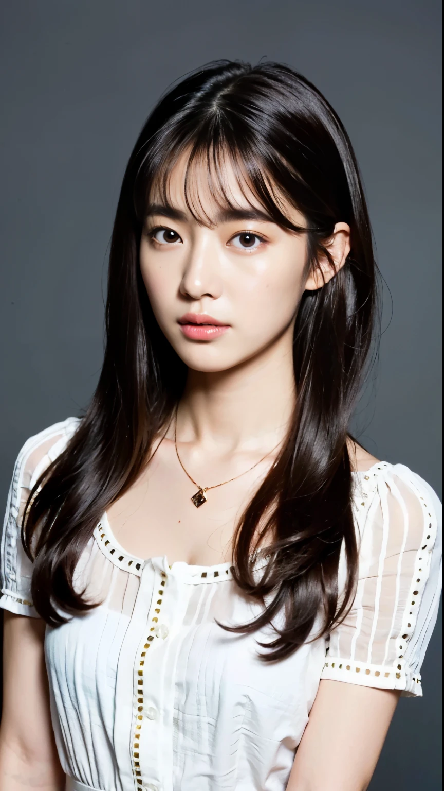 (highest quality、8K、32K、masterpiece、UHD:1.2)、Cute Half-Woman Photos、natural straight hair、??? on chest、surface focus、white blouse、necklace、simple background、From above、looking at the viewer、Hair Models